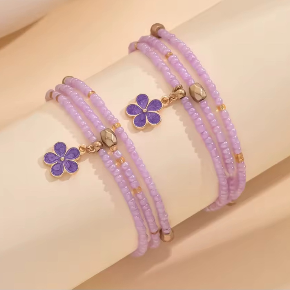 Beautiful 6 Piece Purple Flower Girly Stretchy Beads Anklet Set